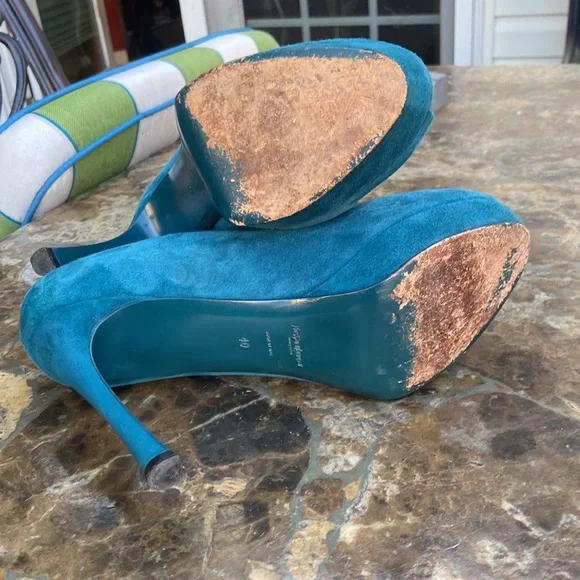 YSL Paris Teal Suede Peep Toe Platform Stilettos Sz 40 USA 9-9,5